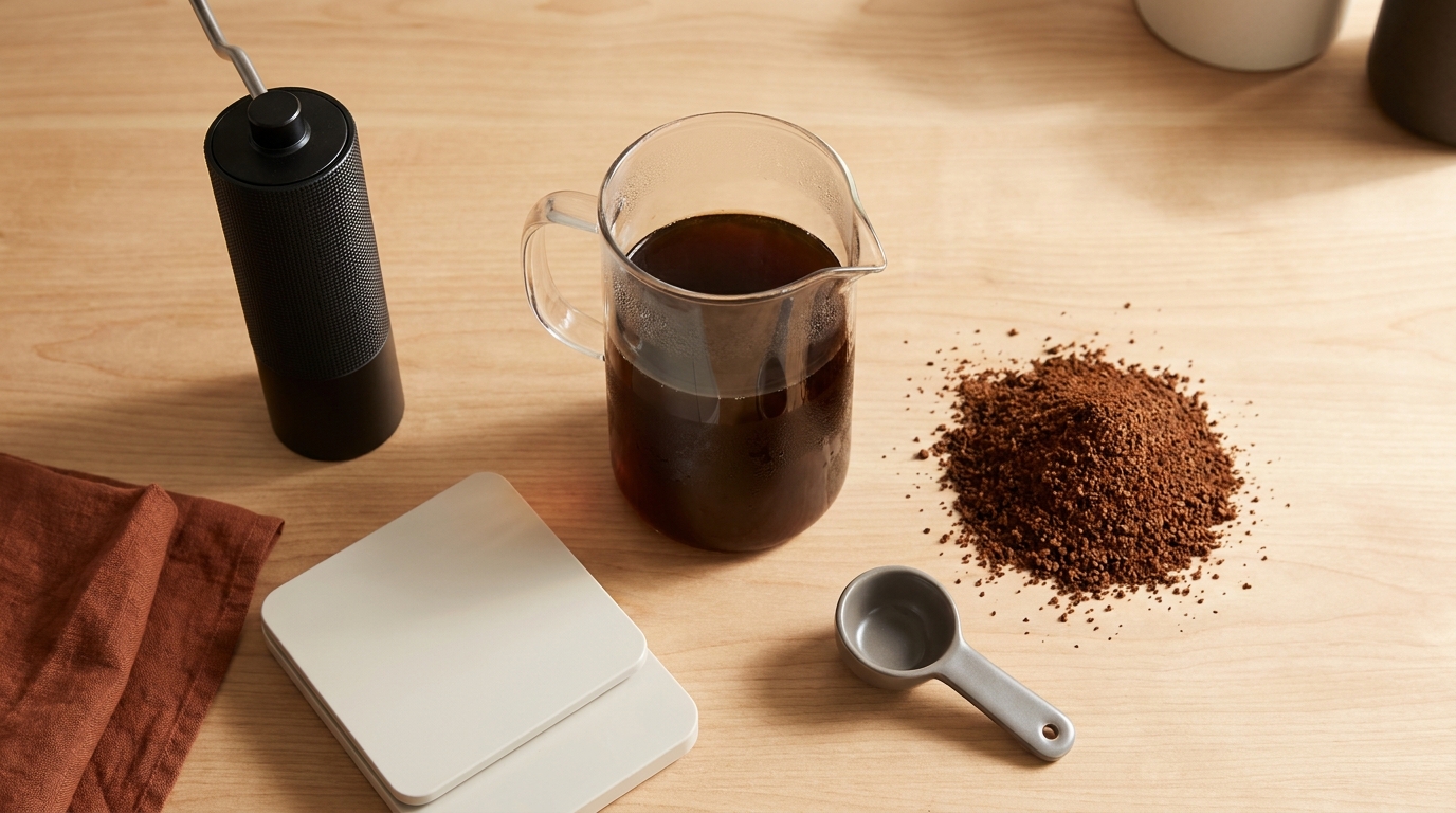 Overhead full frame image of a pitcher of cold brew with coarse coffee grounds a burr grinder and a scale on a warm wooden counter showing what coffee ground is best for cold brew
