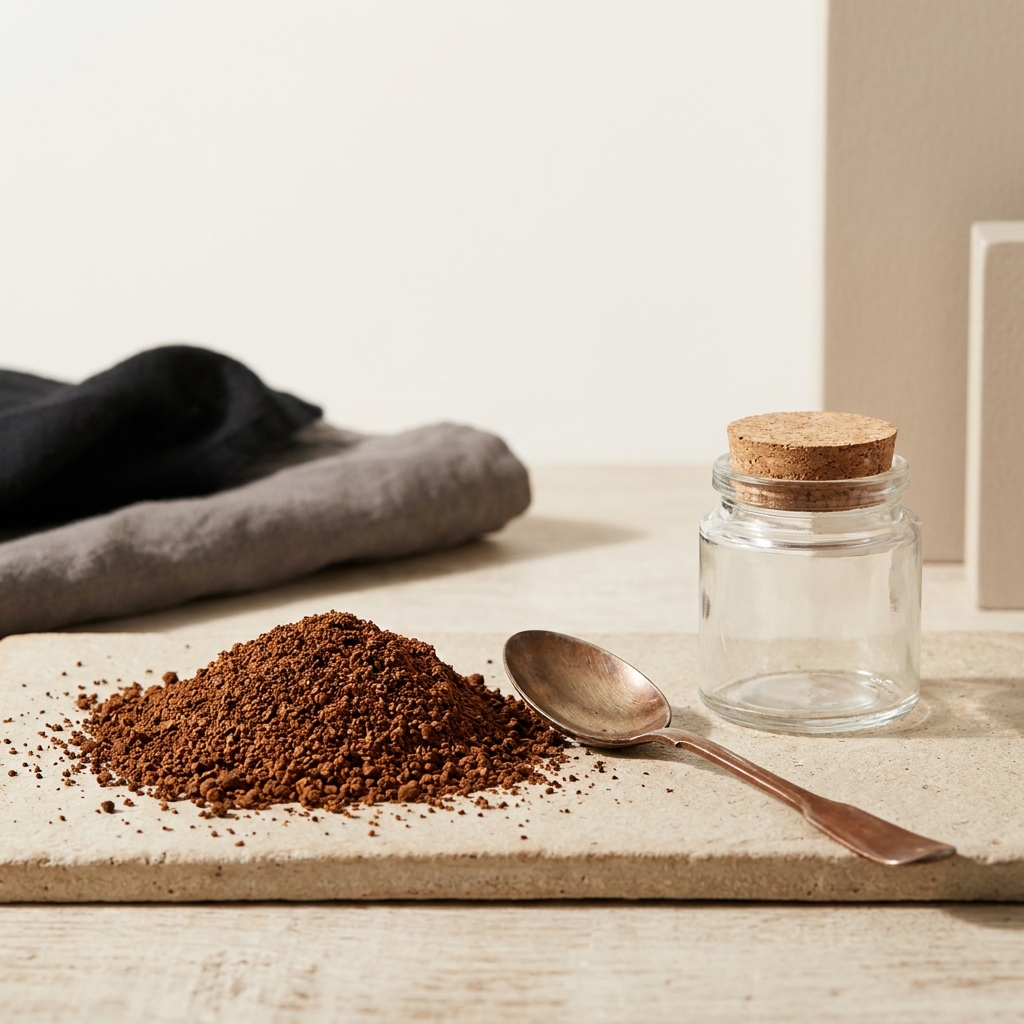 Close up of coarse coffee grounds beside a metal tablespoon and small clear jar on a pale neutral tabletop with soft warm light showing what coffee ground is best for cold brew