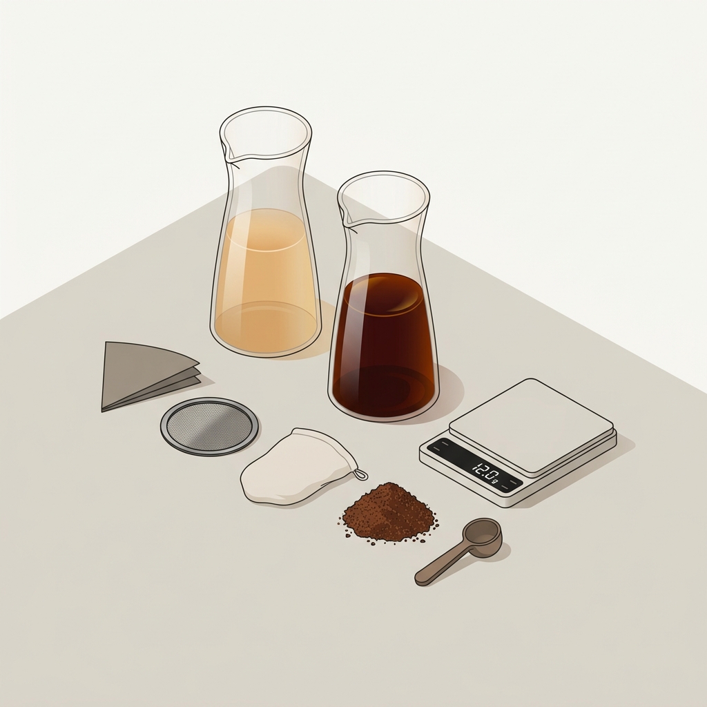 Two glass carafes of cold brew on a clean backdrop one filtered clear pale amber one unfiltered oily dark brown with paper filter metal mesh cloth and a pile of grounds nearby what coffee ground is best for cold brew