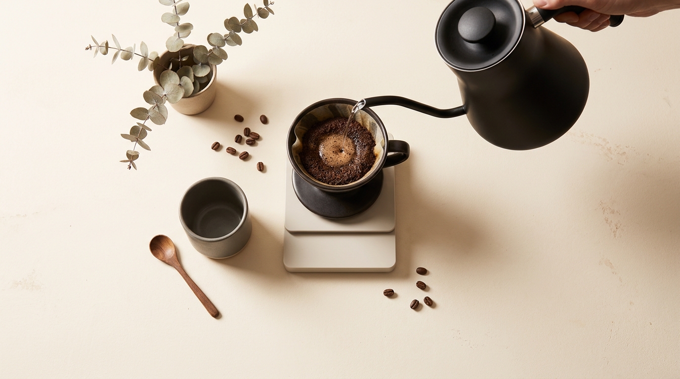 Overhead minimalist pour over with a gooseneck kettle mid pour into a ceramic dripper beside a scale and cup demonstrating why use a gooseneck kettle for coffee