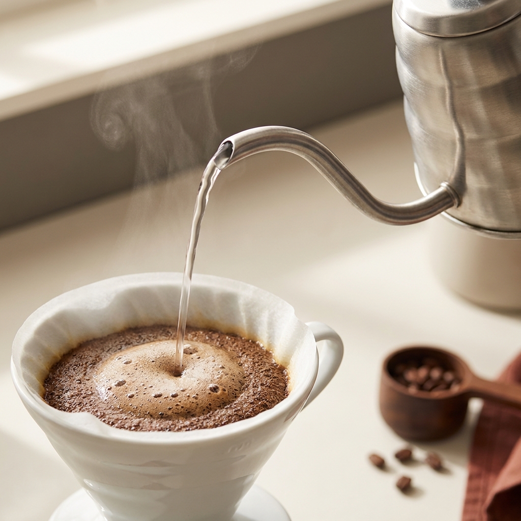 Why use a gooseneck kettle for coffee close macro of stainless gooseneck spout pouring a thin stream into a ceramic cone dripper showing even saturation on the coffee bed against a soft F8F7F3 background