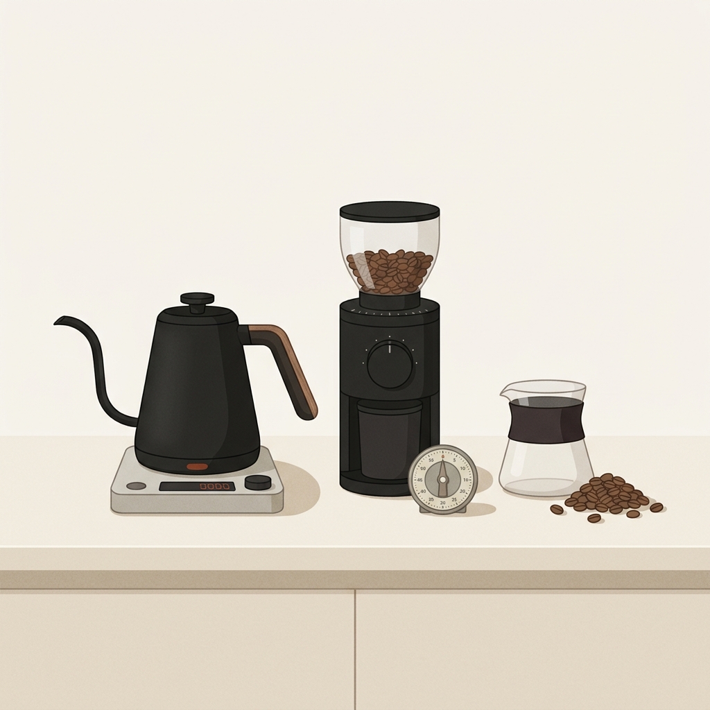 Side view 2D vector of an electric gooseneck kettle on a scale beside a grinder and timer on a warm minimal kitchen counter why use a gooseneck kettle for coffee