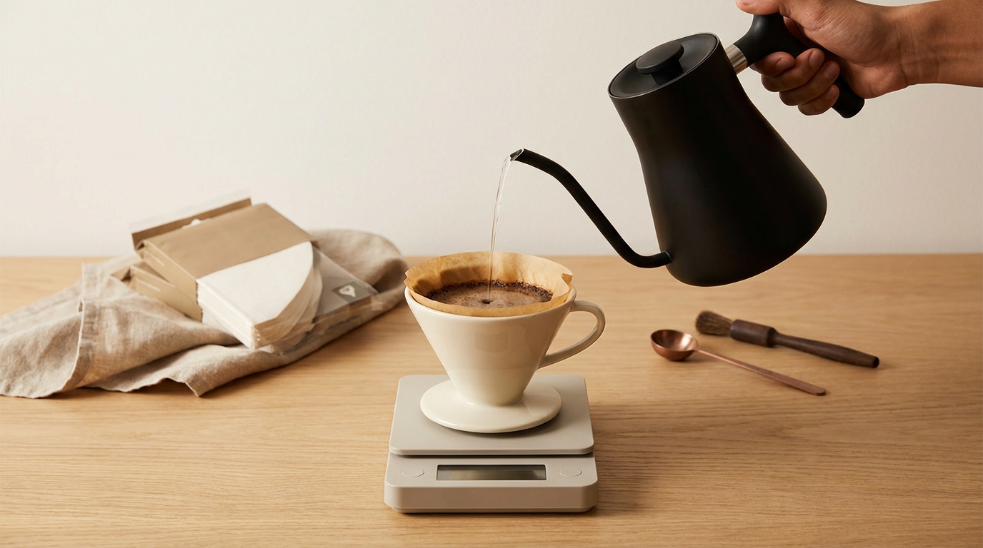 Three-quarter top view of a ceramic pour-over cone on a scale with a wet paper filter and dark saturated grounds as a gooseneck kettle pours; tan and white filter packs and a linen cloth are softly out of focus in a warm minimalist workspace.