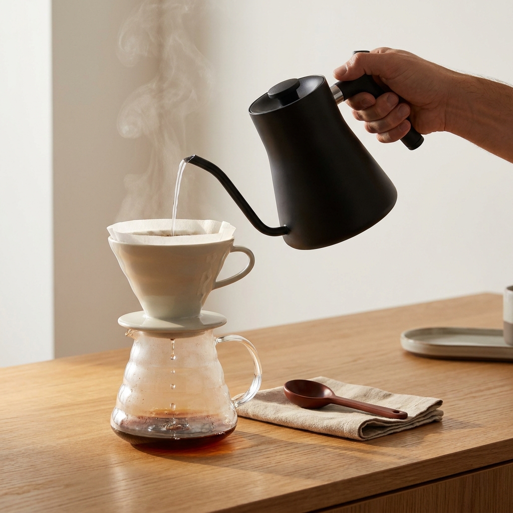 Close up of a hand pouring hot water to rinse a paper filter in a cone dripper over a neutral wooden counter with visible steam minimalist composition Ground and Gauge palette should you use bleached or unbleached coffee filters