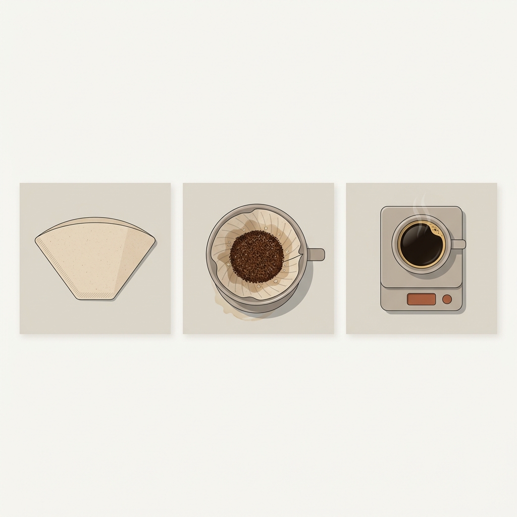 Three-tile vector showing a dry unbleached cone filter, a wet unbleached filter with grounds, and a finished cup of coffee on a scale should you use bleached or unbleached coffee filters