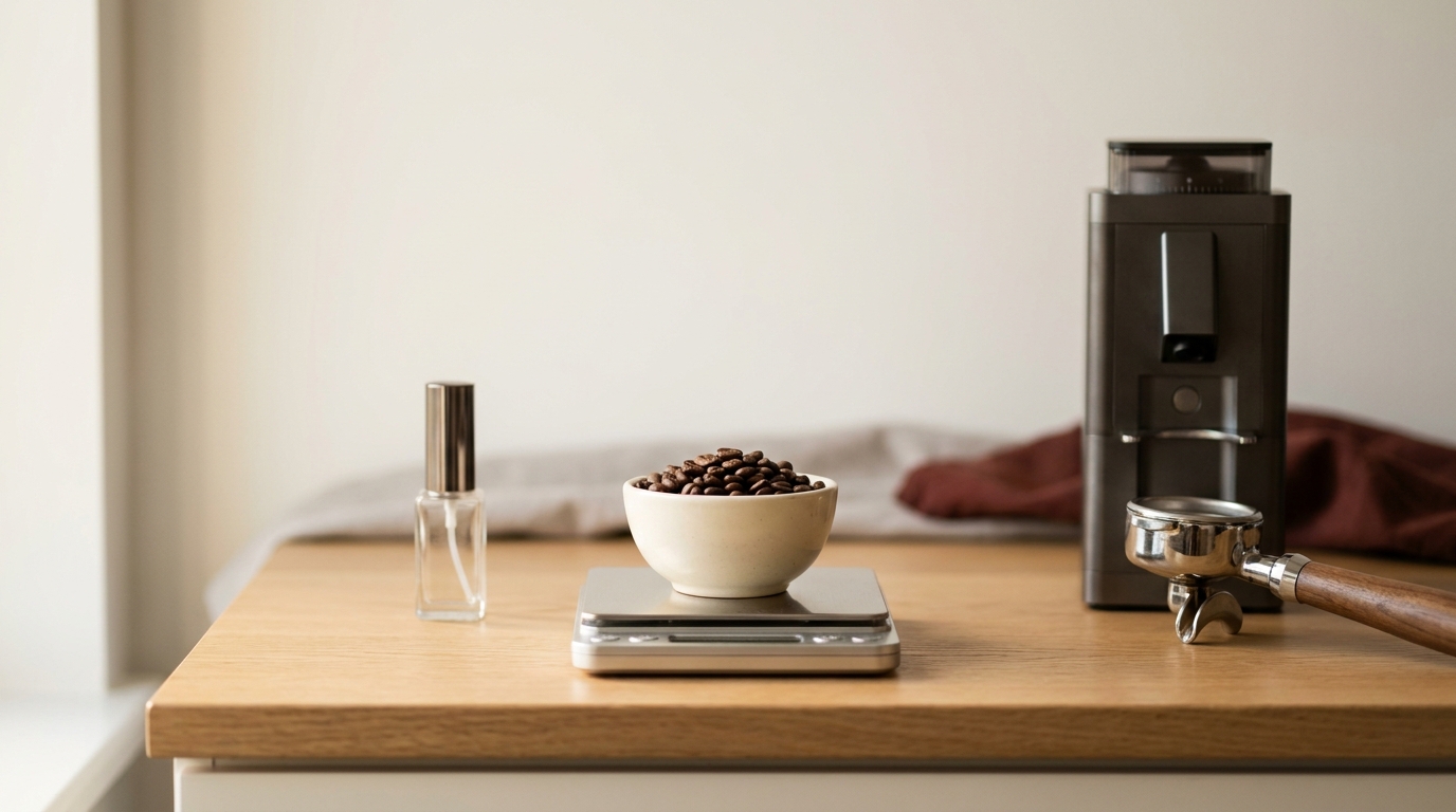 Warm minimalist countertop with a single dose scale a small bowl of whole beans a fine mist atomizer and a grinder with portafilter showing what is rdt in coffee grinding