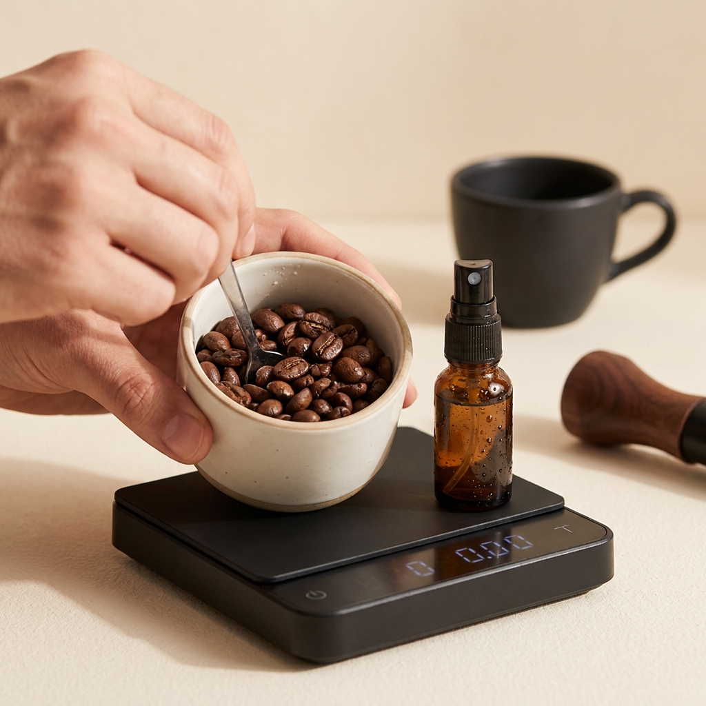 Close full frame shot of a small spray bottle beside a single coffee dose and a hand agitating beans with visible water sheen and crisp bean texture what is rdt in coffee grinding