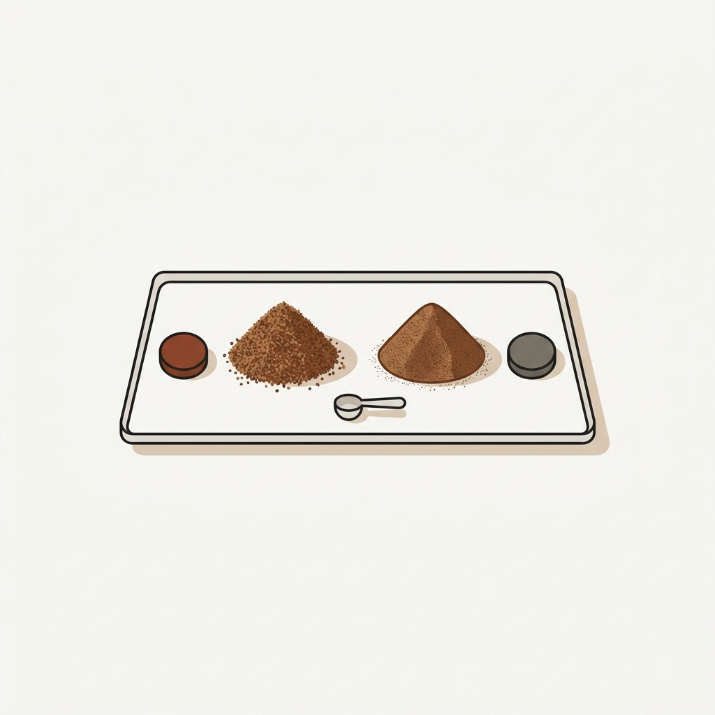 Two small piles of freshly ground coffee on a light stone tray separated by two small color tokens indicating methods for comparison what is rdt in coffee grinding minimalist 2D vector illustration on background #F8F7F3