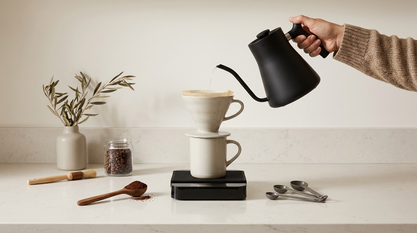 Pour over on a scale with spooned coffee dose kettle and cup on light background in Ground and Gauge colors measured workspace how do i recalibrate my scale