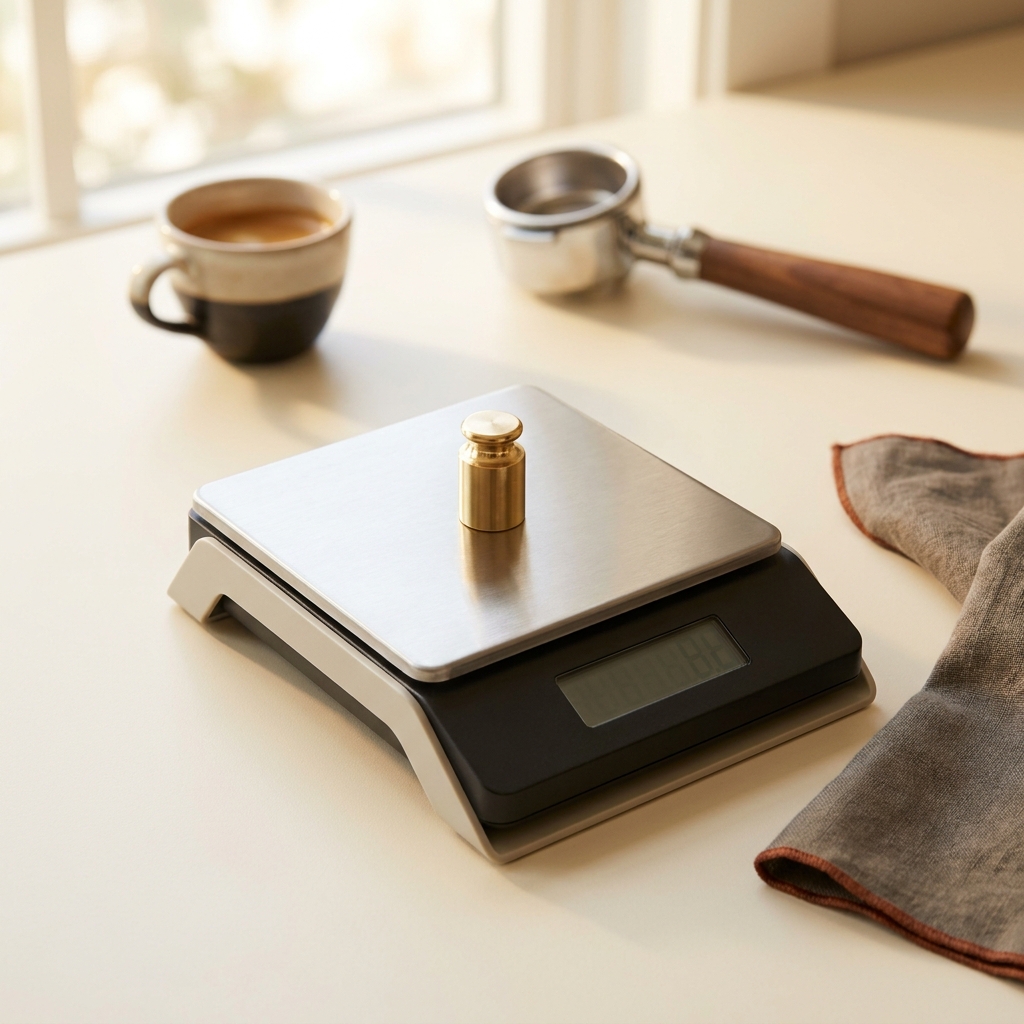 Close up of a digital kitchen scale with a calibration weight on a clean platform in a warm coffee setting, minimalist composition how do i recalibrate my scale