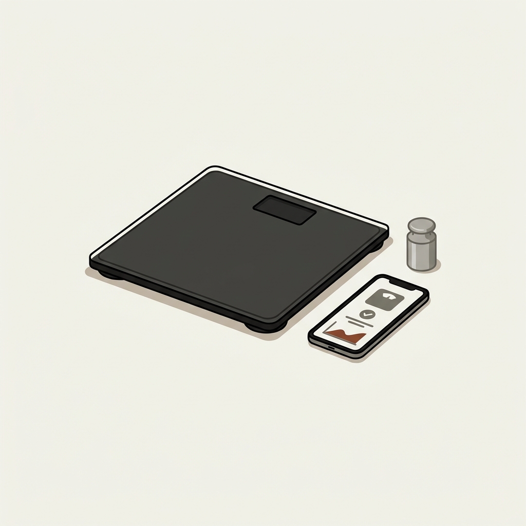 Minimal 2D vector of a bathroom scale on a hard level floor beside a small metal calibration weight and a smartphone showing a simple unlabeled smart scale app how do i recalibrate my scale