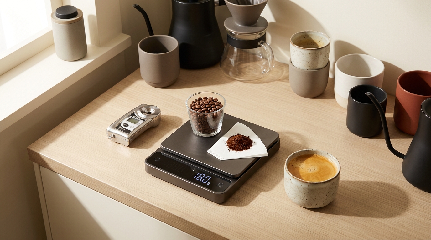 Overhead minimalist coffee brewing workspace with scale refractometer filter and cooling cup on pale background natural warm light what is tds in coffee extraction