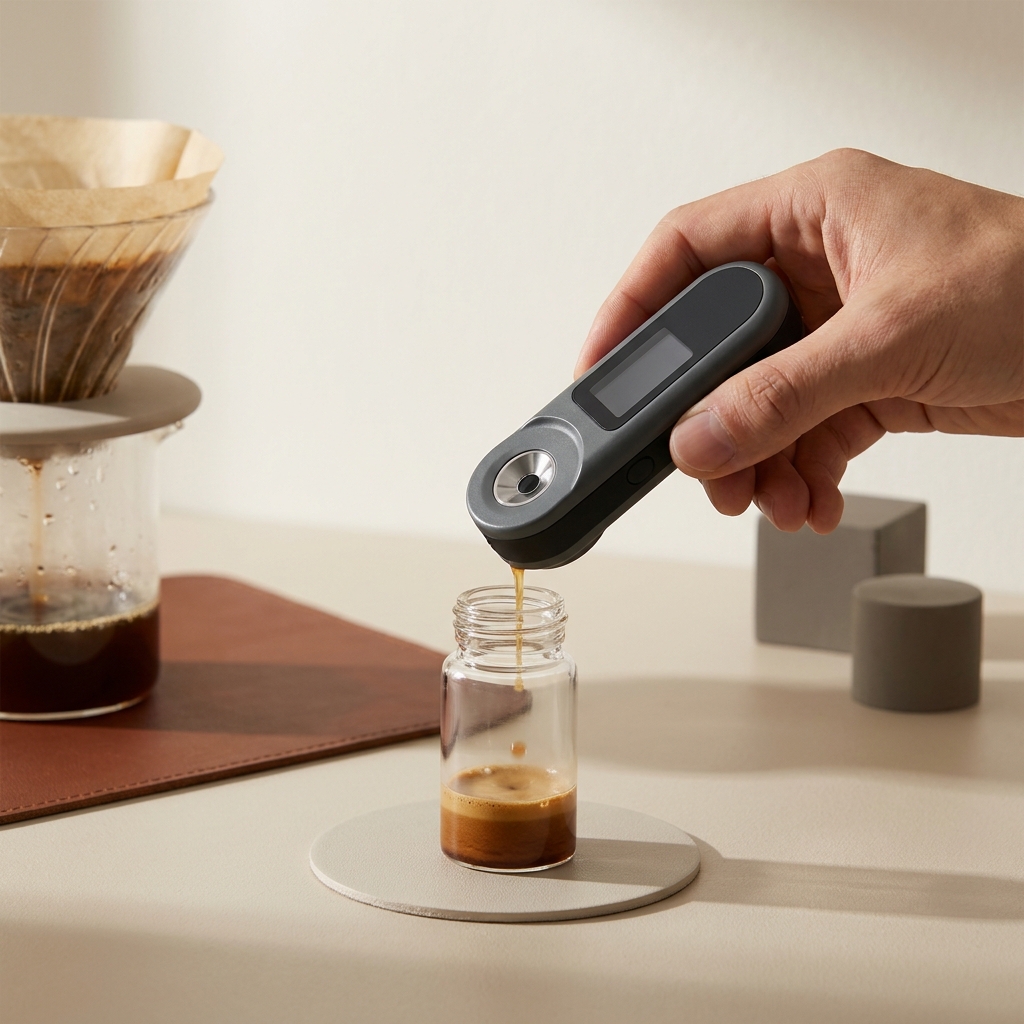 Close up of paper dripper filtering coffee into a clear sample vial with refractometer poised for a drop on a clean warm workspace what is tds in coffee extraction