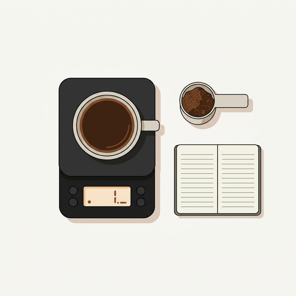 Overhead 2D vector of a brewed cup on a digital scale with a dosing scoop of coffee grounds and a small open notebook with blank measurement lines on a neutral Ground and Gauge palette background what is tds in coffee extraction