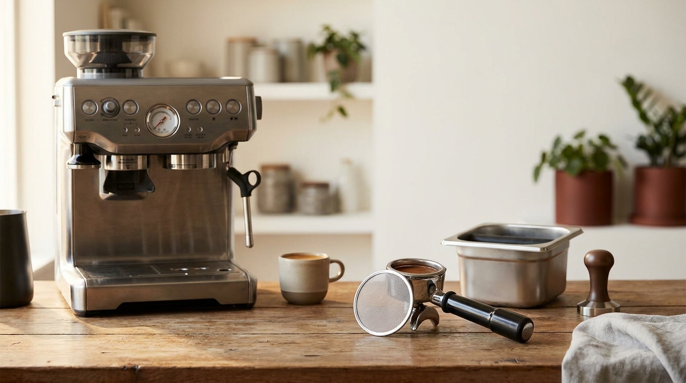 Warm minimalist coffee workspace with espresso machine portafilter topped by a puck screen and clean knock box showing