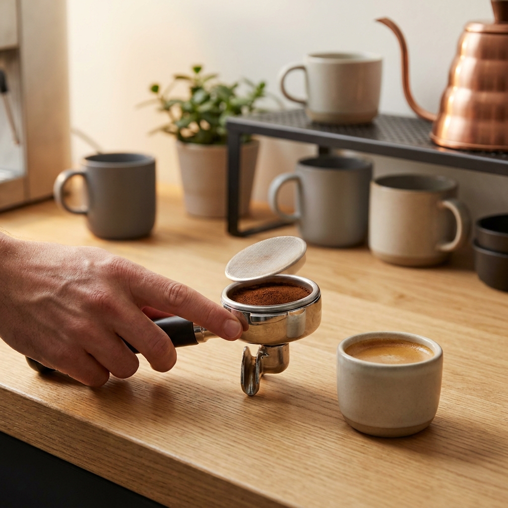 Close up of a barista palm tapping a portafilter to lift the espresso puck screen over a light wood counter in a minimal Ground and Gauge workspace