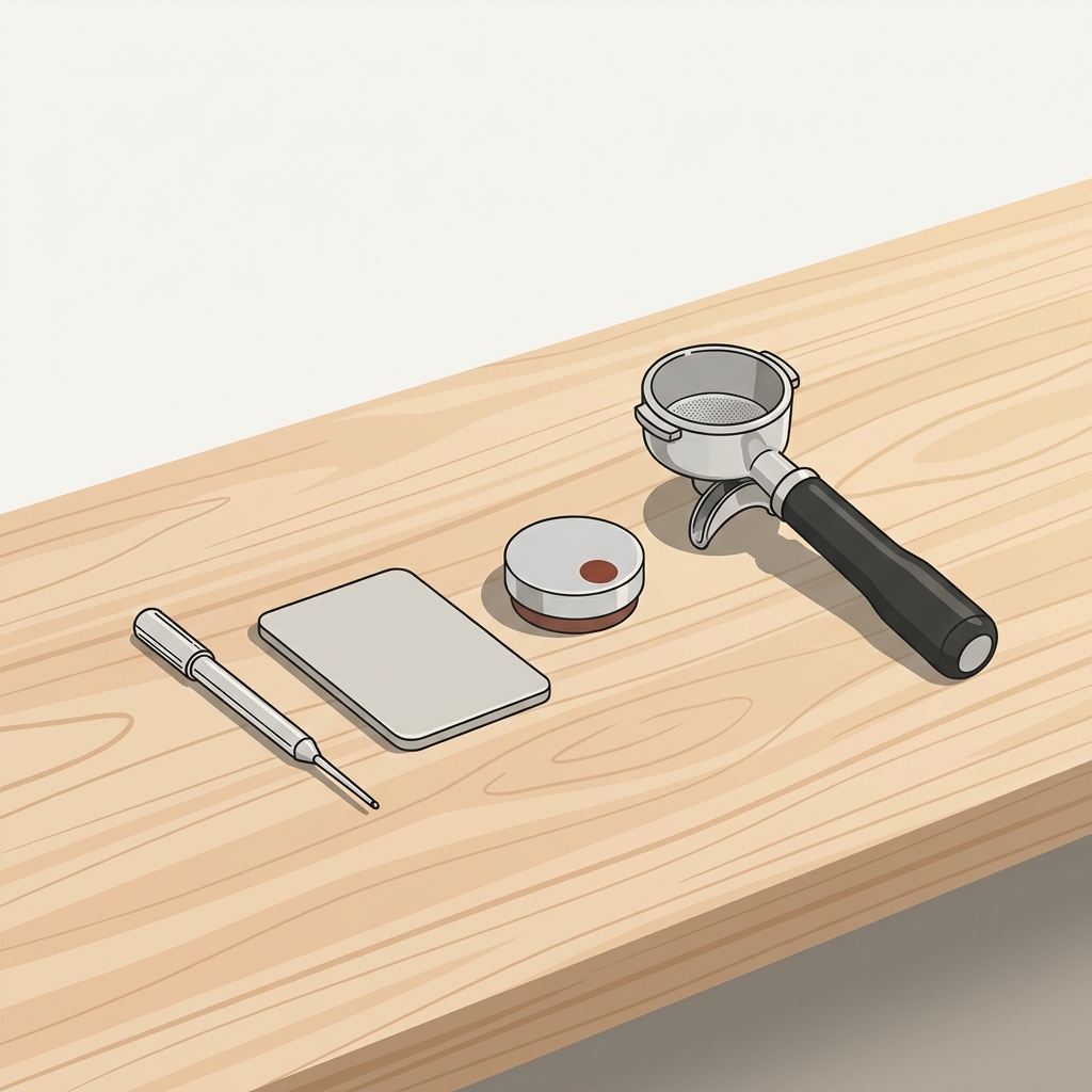 Thin ejector tool edge protector pad and magnetic puck lifter arranged on a wooden bench next to a portafilter minimalist 2D vector illustration in Ground and Gauge palette