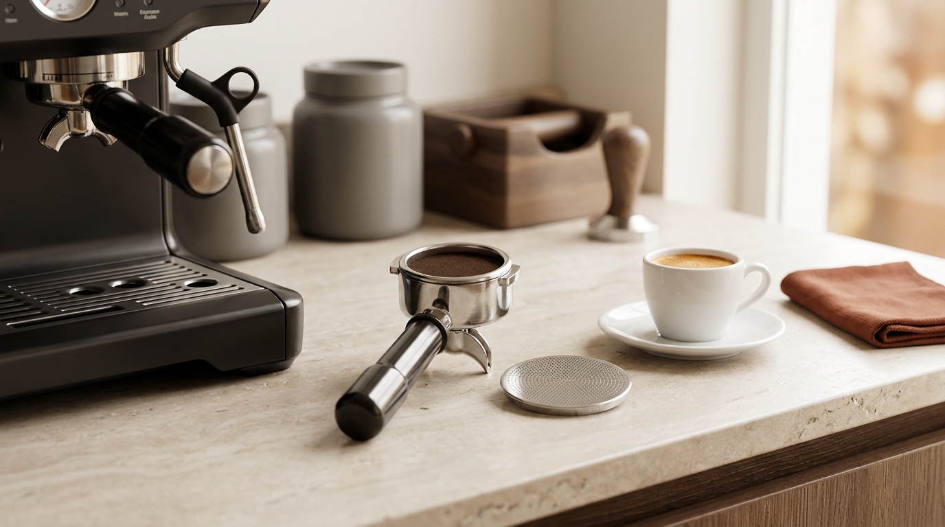 Warm coffee workspace with an espresso machine a portafilter holding a tamped puck and an espresso puck screen placed beside it on a minimalist background