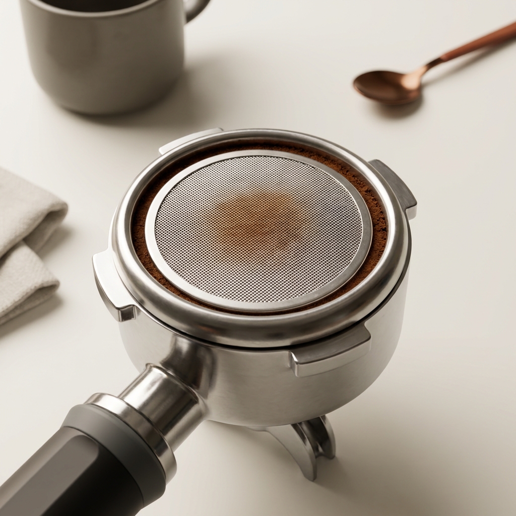 Close up of an espresso puck screen on a tamped coffee puck inside a portafilter showing mesh detail and tidy puck edges on a minimalist neutral background