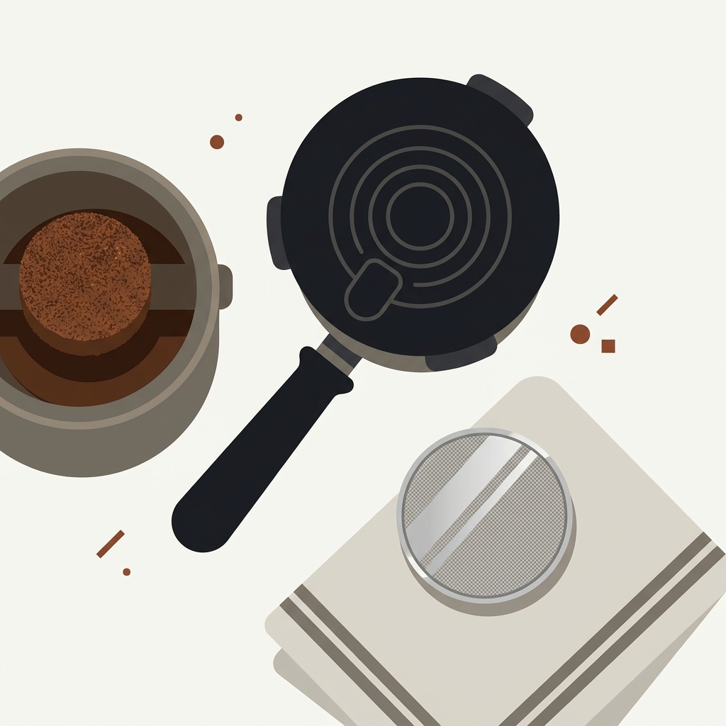 Minimal 2D vector of a warm coffee workspace with a clean espresso group head a dry used puck in a knock box and a rinsed puck screen on a towel