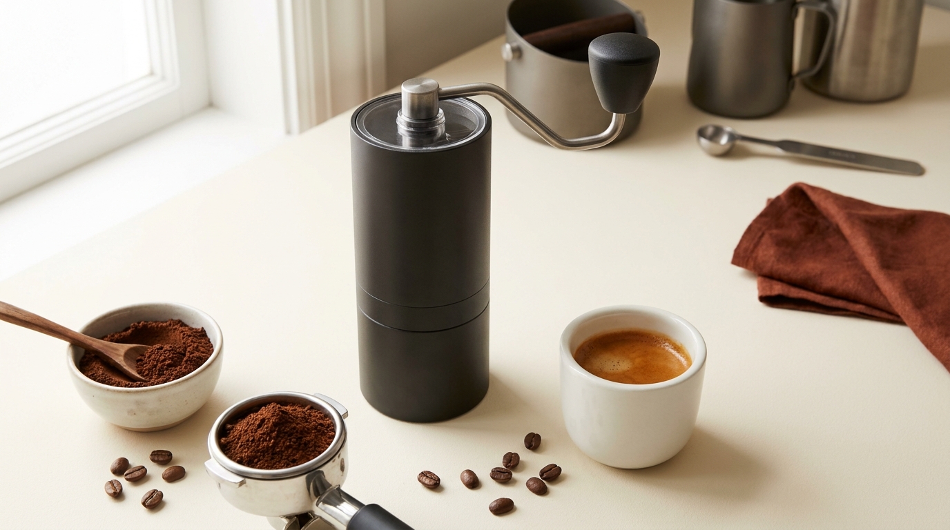Minimalist coffee workspace with a matte black burr grinder fresh grounds in a portafilter a pulled espresso with crema and scattered beans on pale background