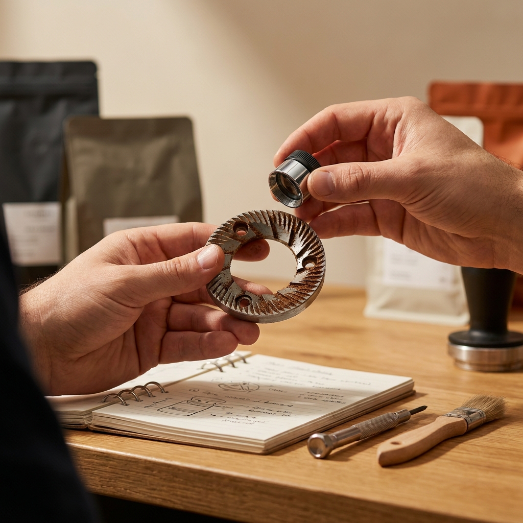 Close up of coffee grinder burrs being inspected under bright warm light with hands holding a loupe, screwdriver, brush and open notebook on a clean neutral background