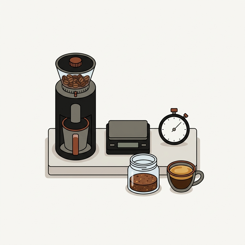 Minimalist 2D vector illustration of a clean countertop with a burr coffee grinder digital scale blank screen analog stopwatch a small jar of sampled grounds and an espresso cup in Ground and Gauge colors