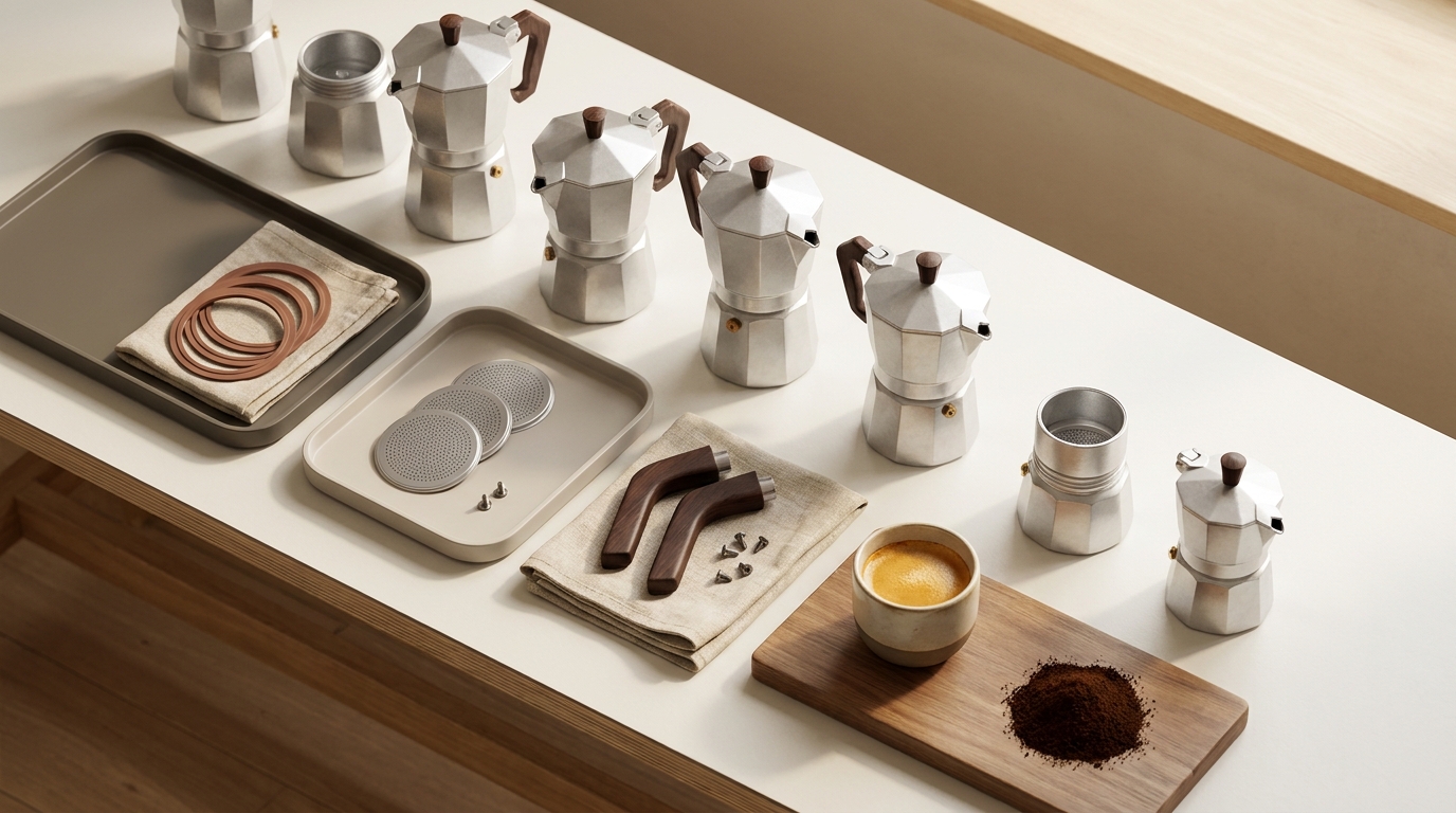 Top-down flat lay of a minimalist bench with unbranded moka pots and spare parts (gaskets, filter plates, handles) on muted trays