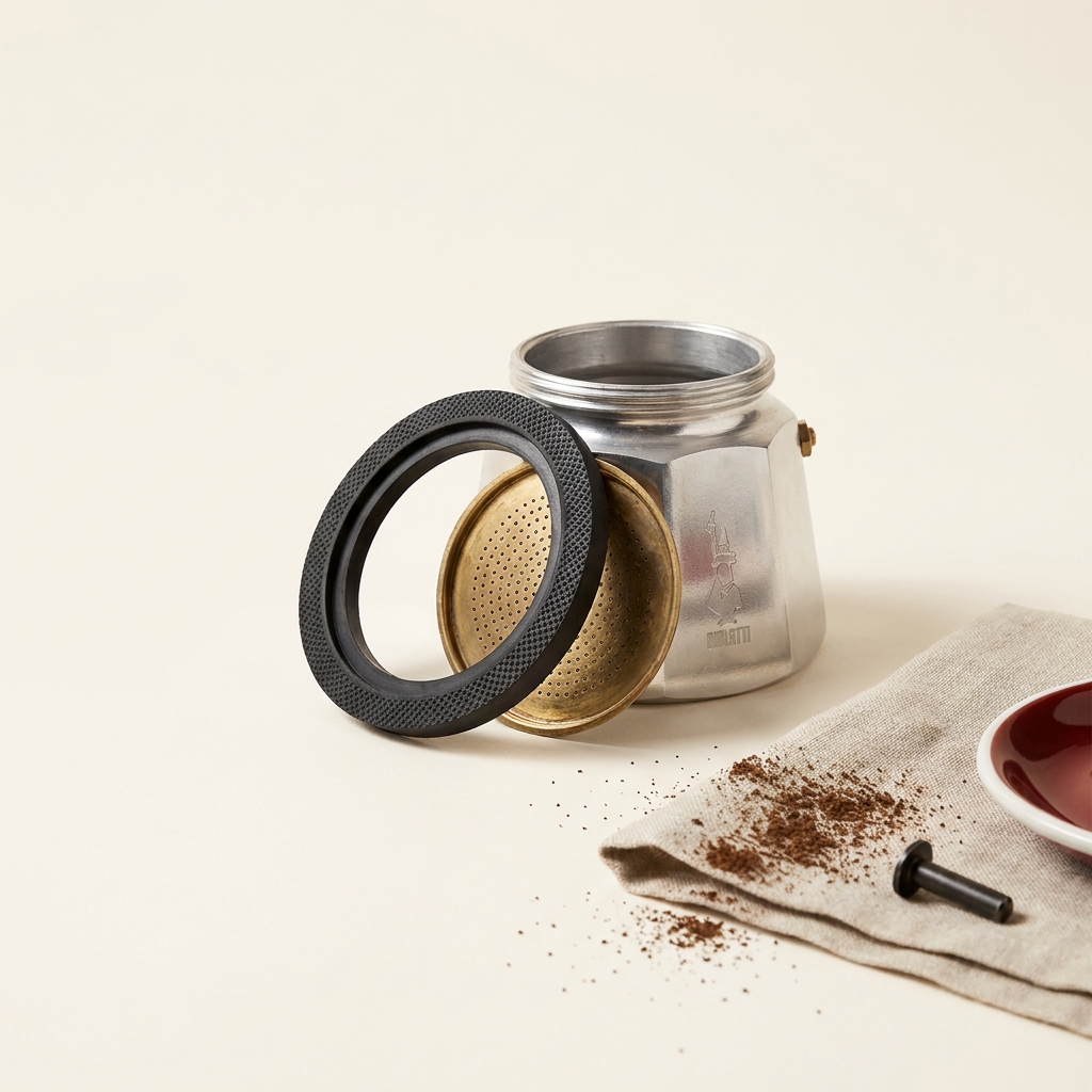 Close up of Bialetti gasket and filter plate beside stamped moka pot base on soft cream background minimalist studio lighting