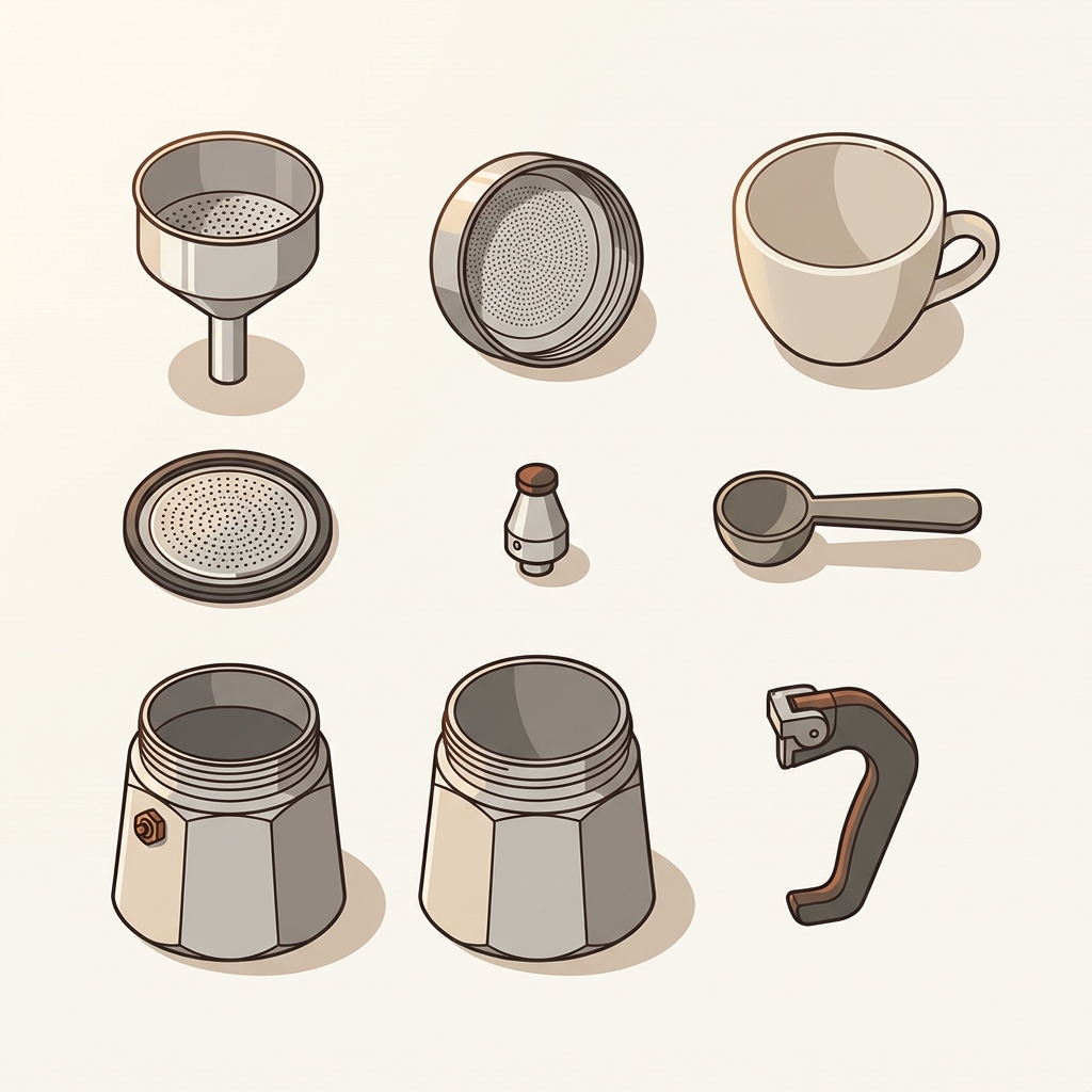 Vector 2D illustration of a stainless steel moka pot beside an open parts kit arranged on a wooden counter in Ground and Gauge style