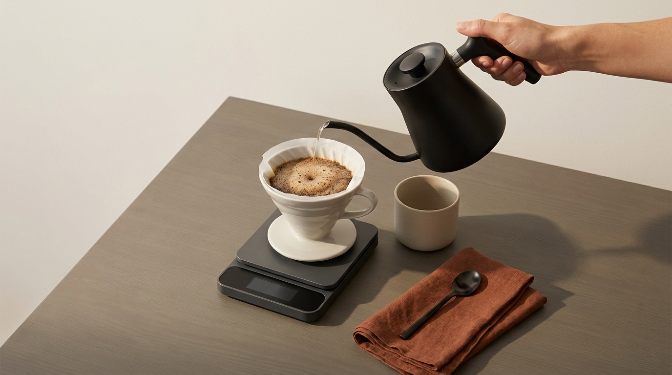 Pour over mid bloom with bubbling coffee bed and kettle pour on a neutral table with scale display off warm light