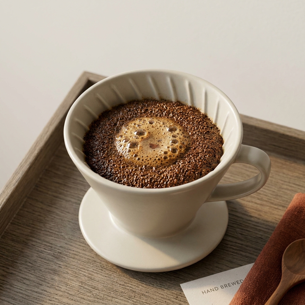 Close up premium V60 bloom showing bubbles and wet coffee grounds on neutral background