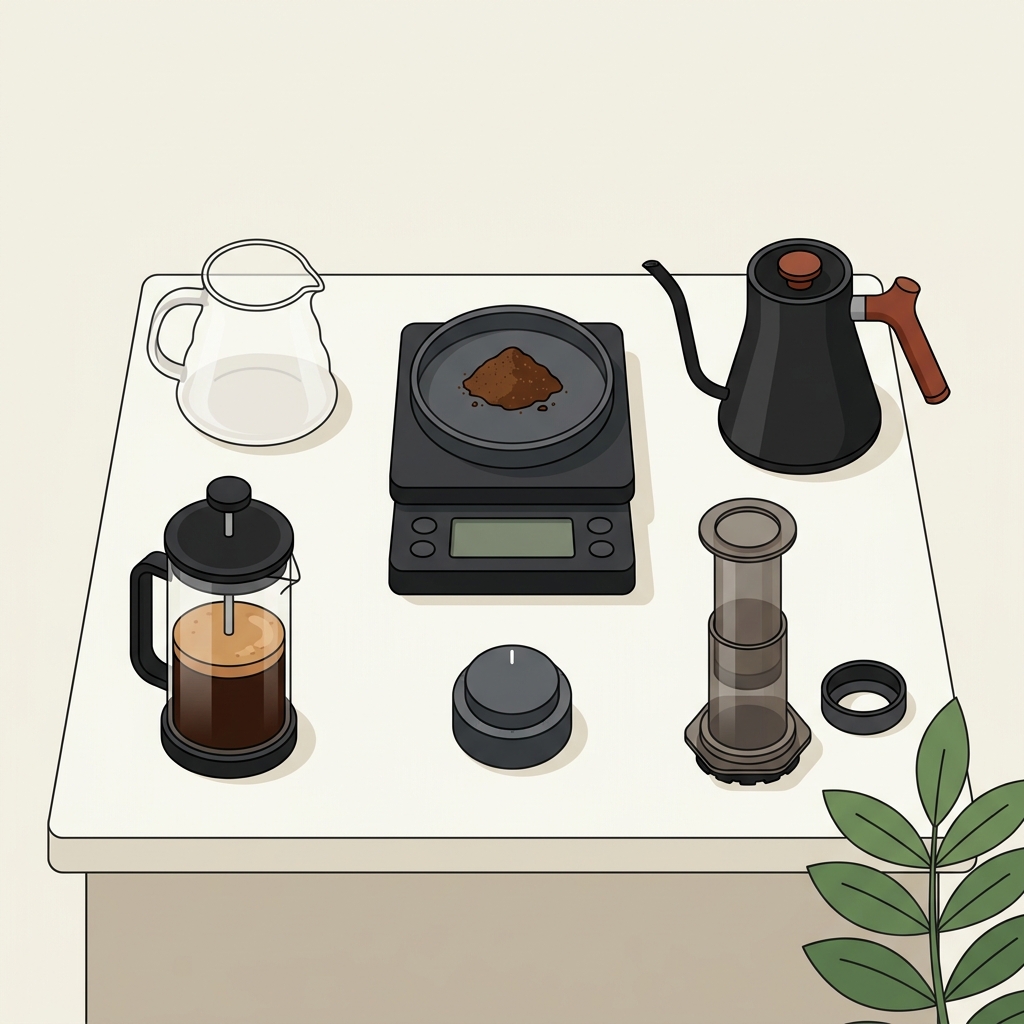 Minimalist 2D vector coffee workspace with gooseneck kettle scale timer French press and AeroPress on cream background