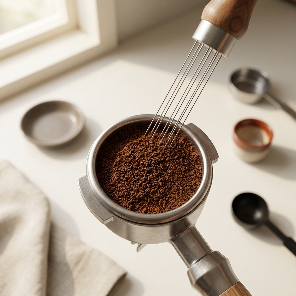 Close overhead shot of a WDT tool above a portafilter basket with visible ground coffee and accurate dose on pale minimalist workspace