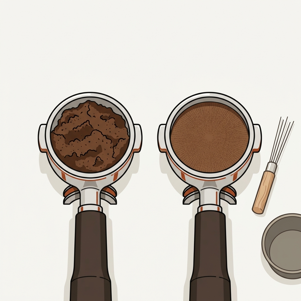 Vector illustration of side by side portafilter before and after WDT tool showing uneven puck and evenly distributed puck with needle tool on neutral background