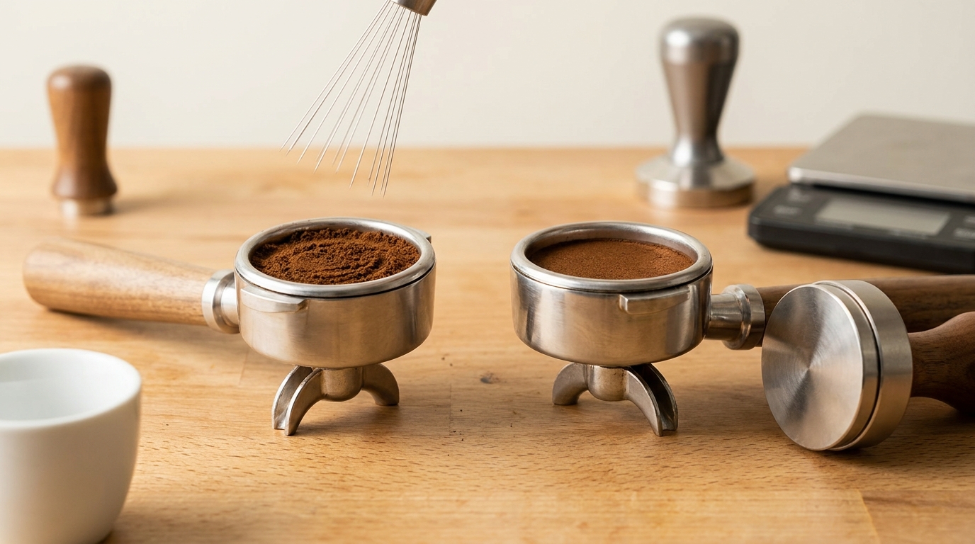 Full frame editorial image two espresso portafilters on warm wood bench one undergoing a WDT sweep the other with a distributor nearby