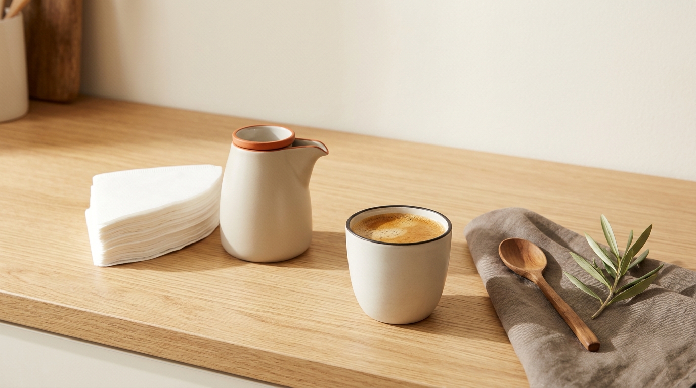 Warm minimalist countertop showing with a neat stack of paper filters next to a small dispenser and a brewing cup on a pale neutral background