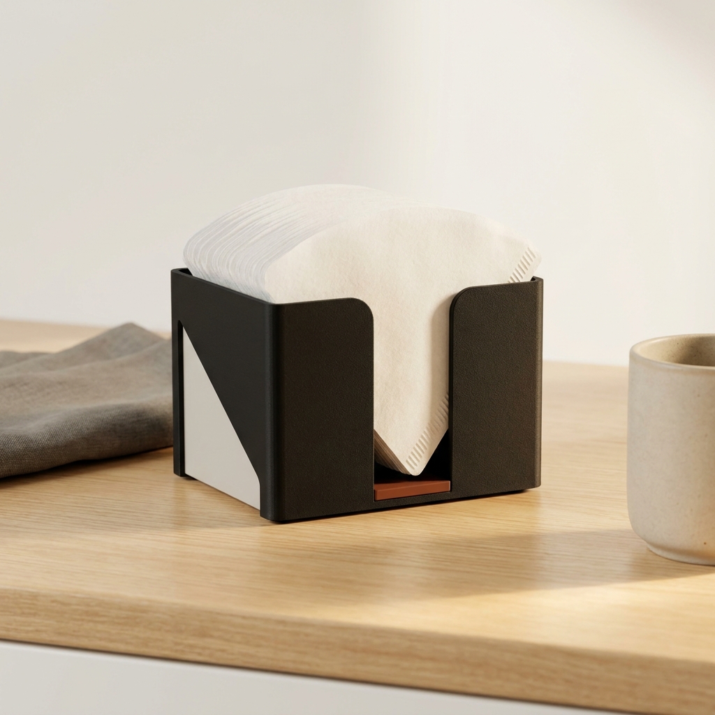 Close up of a 3D printed matte black filter box holding a neat stack of white basket coffee filters on a warm wooden countertop in a Ground and Gauge style