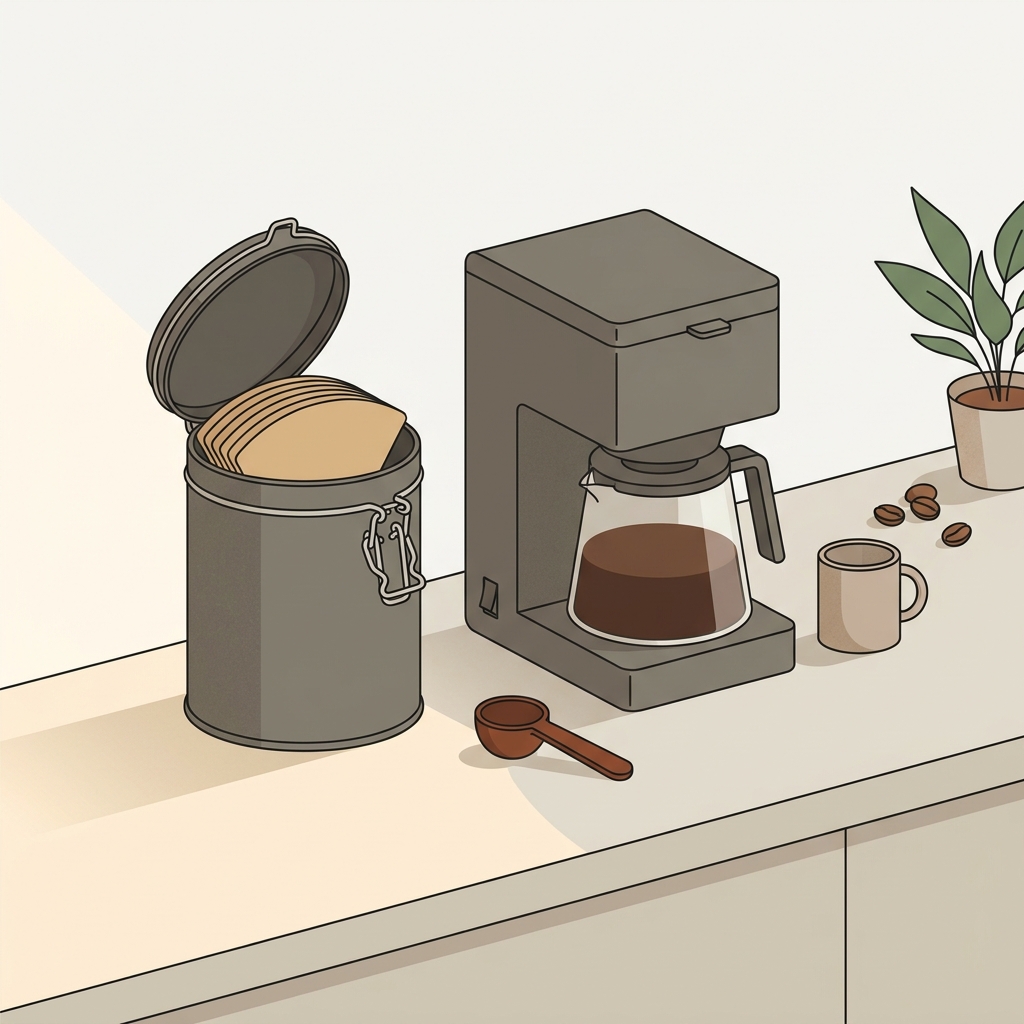 Vintage metal or ceramic filter container open on a clean kitchen counter next to a drip brewer warm minimalist workspace in Ground and Gauge palette