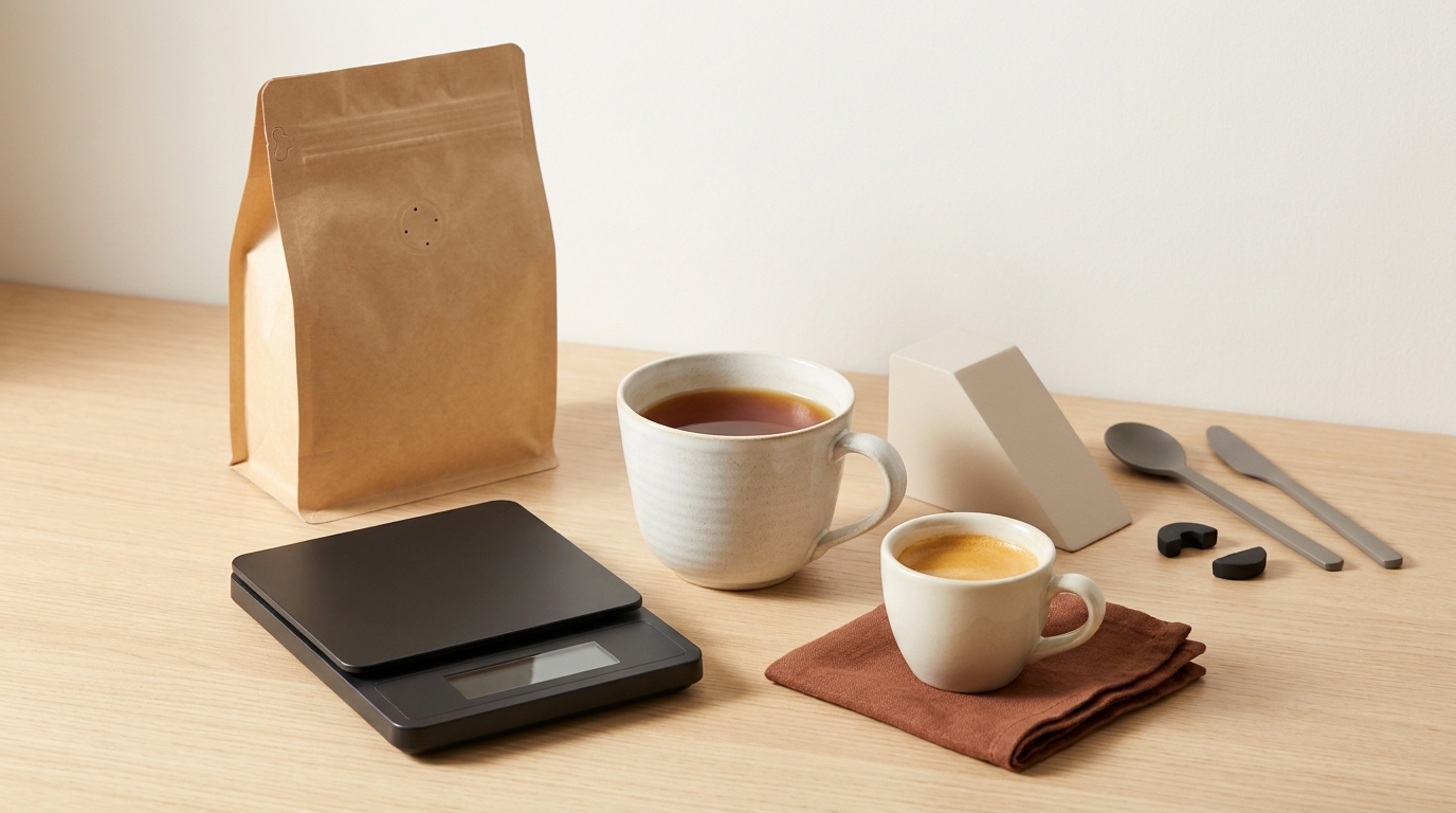 Minimalist coffee workspace with sealed one way valve bag, scale and two cups showing filter and espresso shots