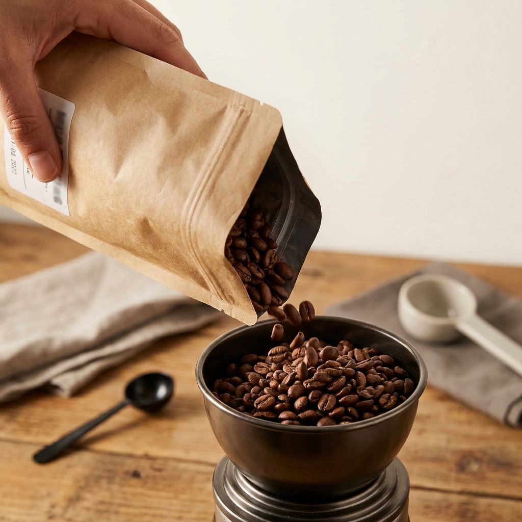 Close up of whole roasted coffee beans being poured from a kraft bag into a grinder with a roast date sticker visible but intentionally blurred