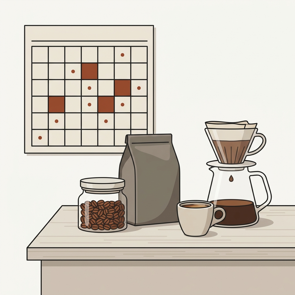 Minimalist 2D vector kitchen counter with a sealed coffee bag a small airtight jar of beans and a calendar grid with roast date and planned brew days marked